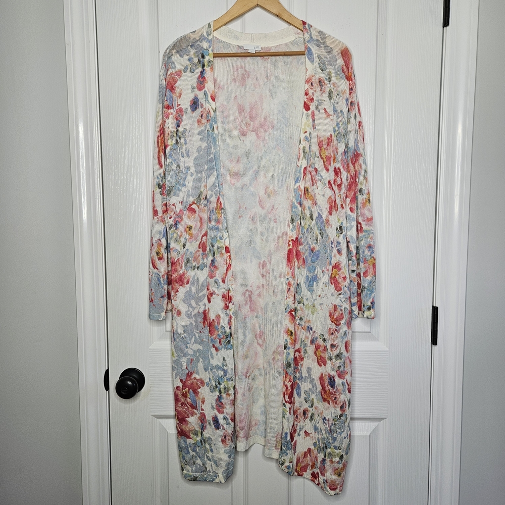 J.Jill Long Duster Linen Blend Cardigan Sweater L Large Floral Artsy Open Front